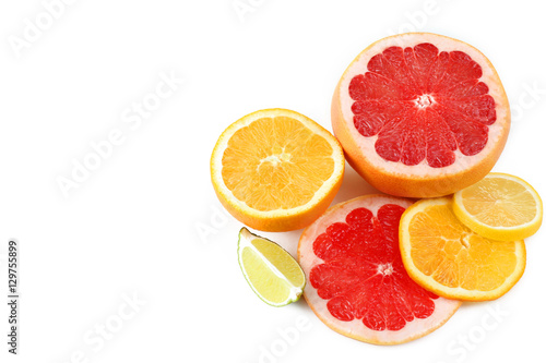 A variety of fresh citrus fruits isolated on white background