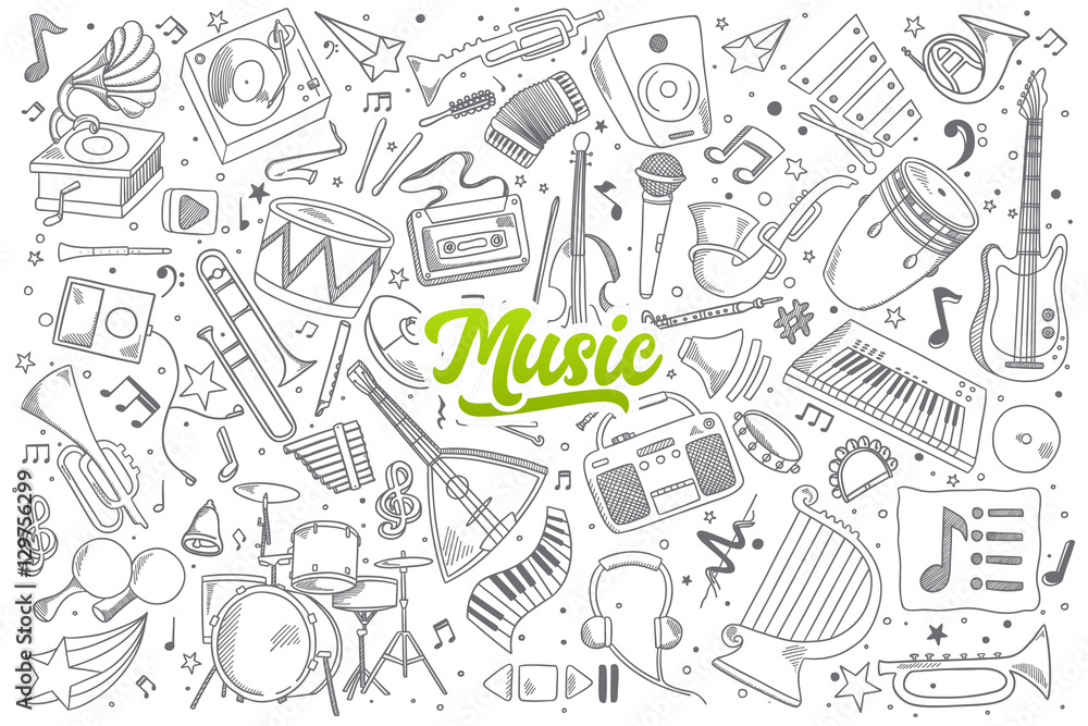 Hand drawn set of music doodles with green lettering in vector