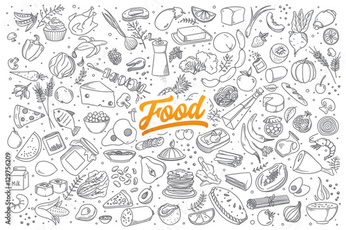 Fotografie, Obraz Hand drawn set of healthy food ingredient doodles with lettering in vector