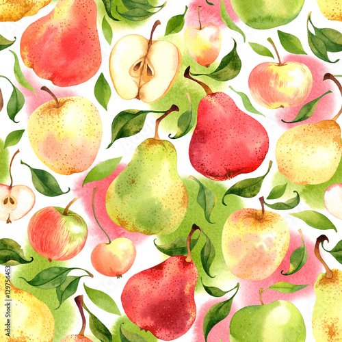 Seamless pattern with watercolor apples and pears on white background