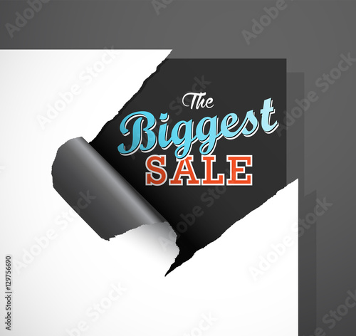 The Biggest Sale text uncovered from teared paper corner.