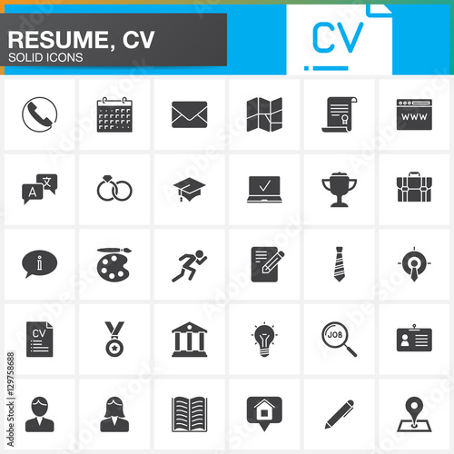 Vector icons set for Resume or CV. Modern solid symbol collection, filled pictogram pack isolated on white, logo illustration