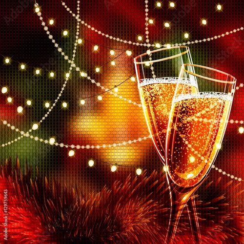 Happy New Year Card with glasses of champagne. Holiday golden background and glasses of champagne.