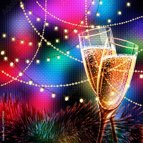 Happy New Year Card with glasses of champagne. Holiday golden background and glasses of champagne.