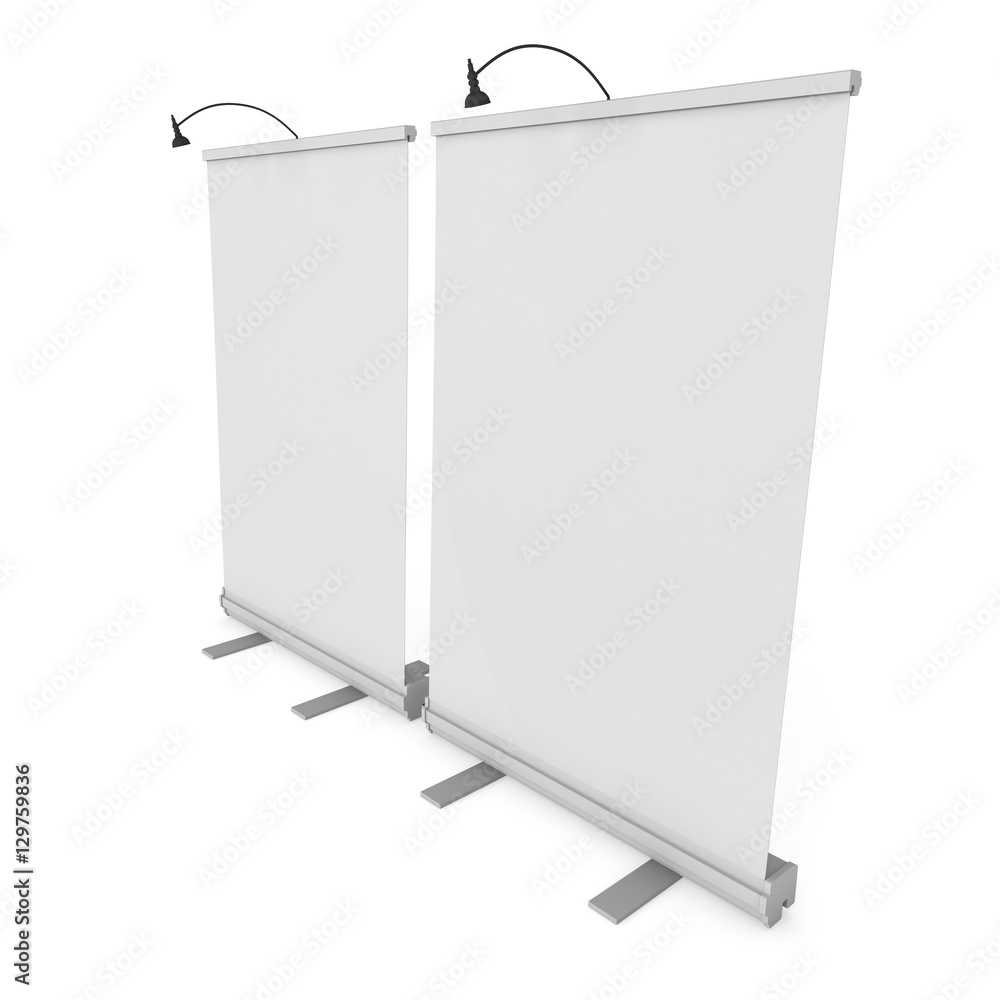 Blank Roll Up Banner Stand. Trade show booth white and blank. 3d render isolated on white background. High Resolution Template for your design. Blank Roll Up Banner Stand. Trade show booth white and blank. 3d render isolated on white background. High Resolution Template for your design.