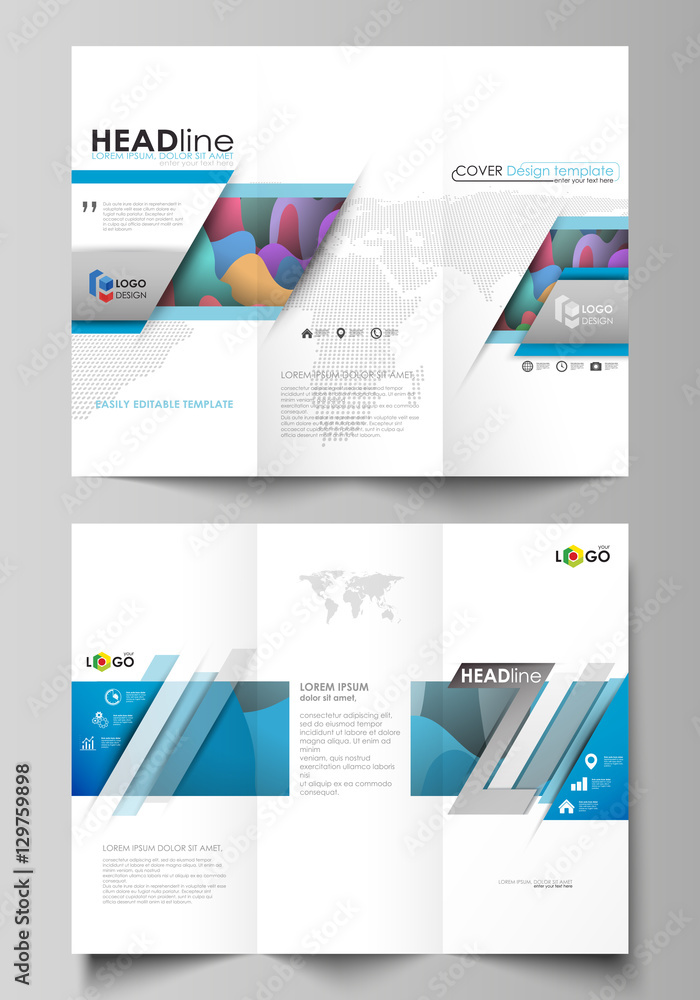 Tri-fold brochure business templates on both sides. Easy editable vector layout in flat style. Bright color pattern, colorful design with overlapping shapes forming abstract beautiful background. Tri-fold brochure business templates on both sides. Easy editable vector layout in flat style. Bright color pattern, colorful design with overlapping shapes forming abstract beautiful background.