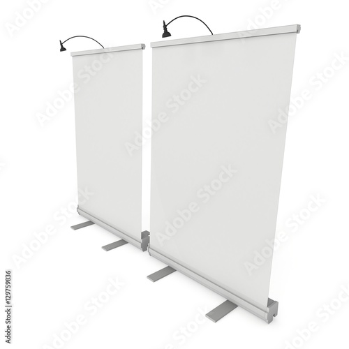 Blank Roll Up Banner Stand. Trade show booth white and blank. 3d render isolated on white background. High Resolution Template for your design.