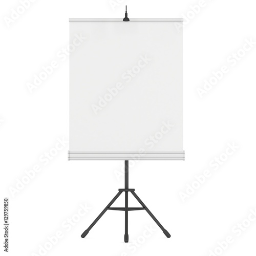 Blank Roll Up Expo Banner Stand on Tripod. Trade show booth white and blank. 3d render illustration isolated on white background. Template mockup for your expo design.