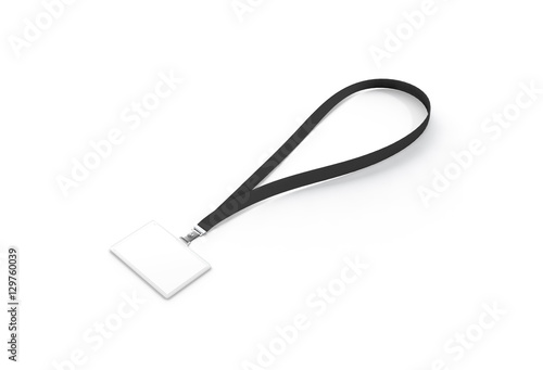 Blank white name bagde with black lace mockup, 3d rendering. Plain horizontal namebadge mock up with dark cotton band isolated. Clear business pass design template. Corporate branding lanyard.
