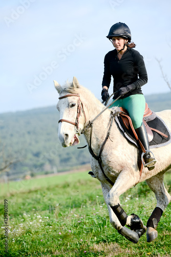 beautiful young woman riding horse and training for jump hurdle equitation competition outdoor © W PRODUCTION
