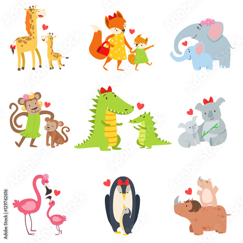 Small Animals And Their Moms Illustration Set