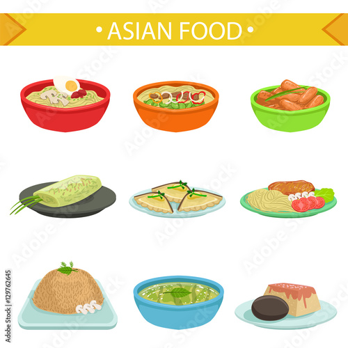 Asian Food Famous Dishes Illustration Set