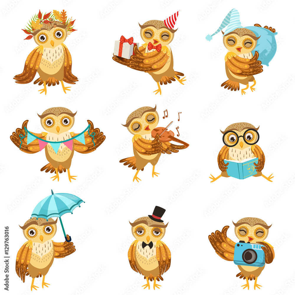Fototapeta premium Cute Brown Owl Everyday Activities Icon Set