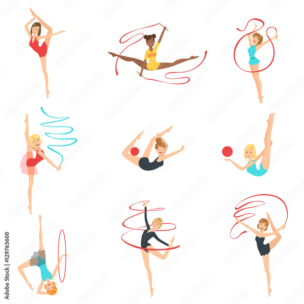 Rhythmic Gymnasts Training With Different Apparatus Rhythmic Gymnasts Training With Different Apparatus