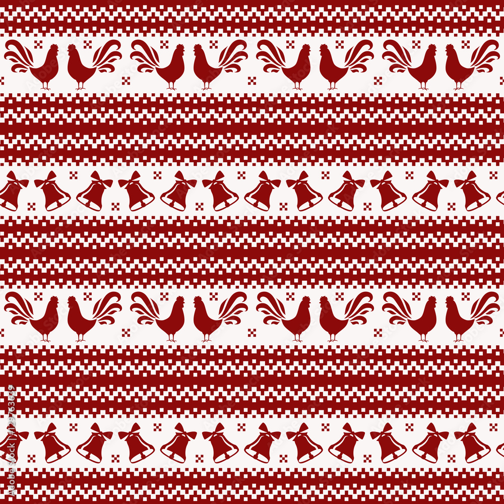 New Year seamless pattern with roosters and bells. New Year seamless pattern with roosters and bells.