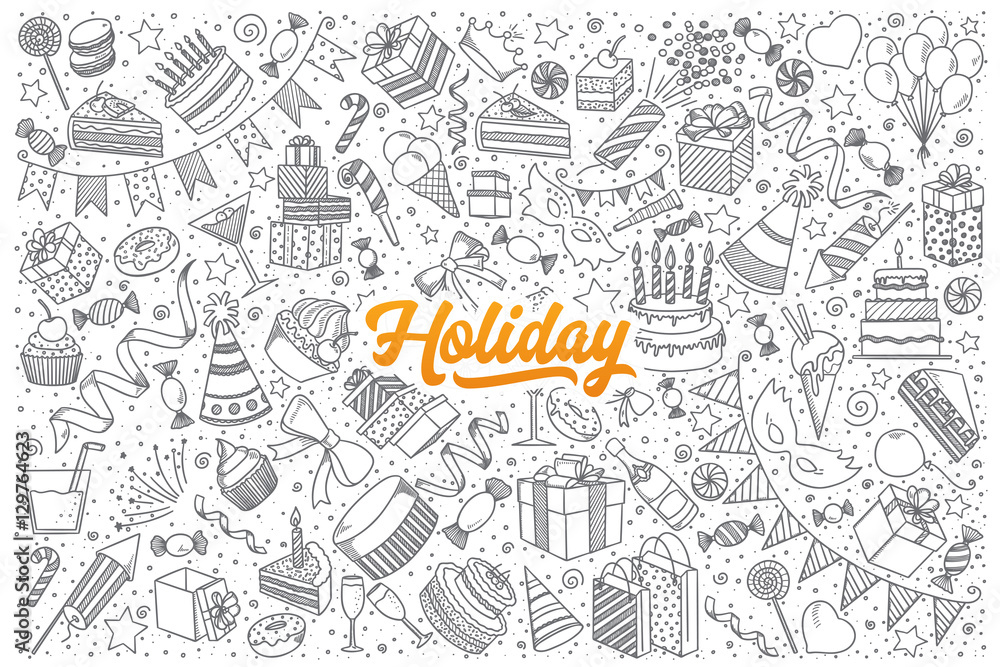 Hand drawn set of holiday doodles with orange lettering in vector