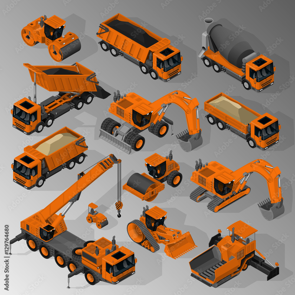 Vector isometric set of equipment for the construction industry consisting of mixer truck, dump trucks, tracked and wheeled excavators, road rollers, asphalt paver, bulldozer and mobile crane. Vector isometric set of equipment for the construction industry consisting of mixer truck, dump trucks, tracked and wheeled excavators, road rollers, asphalt paver, bulldozer and mobile crane.