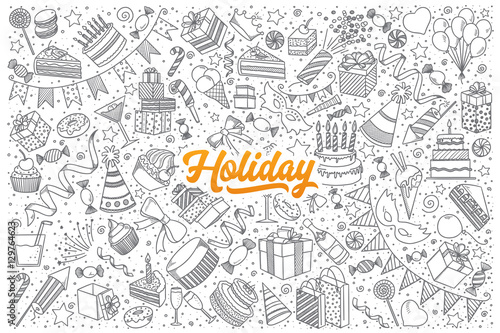 Hand drawn set of holiday doodles with orange lettering in vector