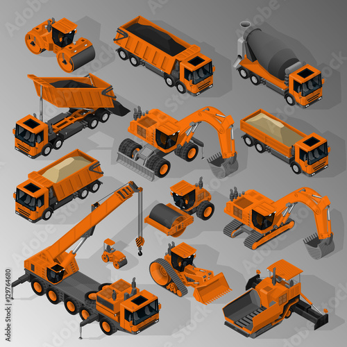 Vector isometric set of equipment for the construction industry consisting of mixer truck, dump trucks, tracked and wheeled excavators, road rollers, asphalt paver, bulldozer and mobile crane.