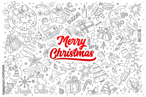 Hand drawn set of Merry Christmas doodles with red lettering in vector