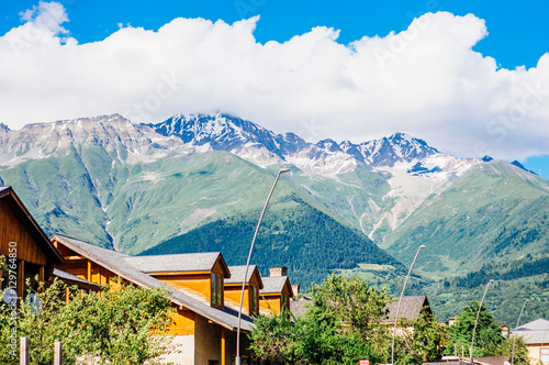 Houses and mountains on the background in Mestia, Svaneti, Georgia