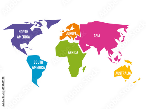 Simplified world map divided to six continents - South America, North America, Africa, Europe, Asia and Australia - in different colors, on white background and with white lables. Simple flat vector