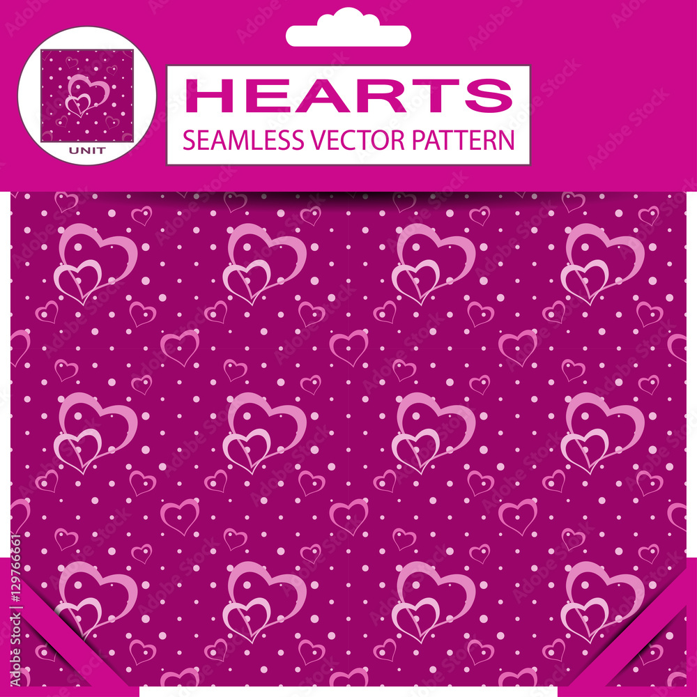 Vector seamless patterns from pink hearts for Valentin's Day in package with pattern unit and shadow on the dark pink background. Vector seamless patterns from pink hearts for Valentin's Day in package with pattern unit and shadow on the dark pink background.