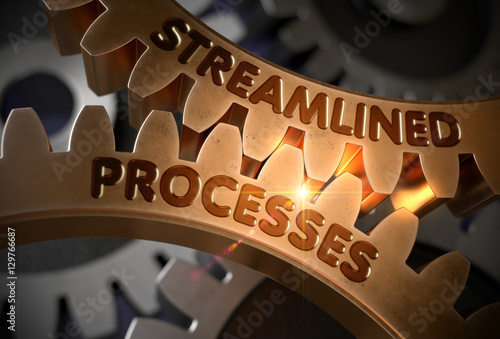 Streamlined Processes on Golden Gears. 3D Illustration.