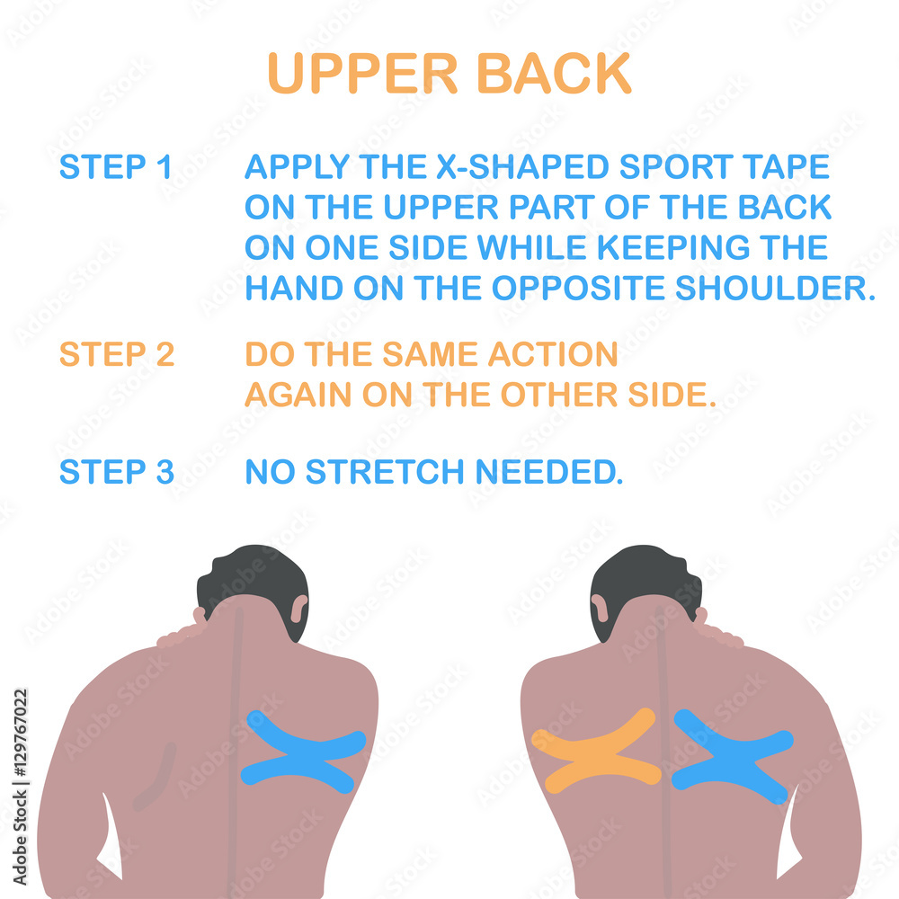 Kinesiology taping for upper back. Correct kinesiology taping. Vector illustration.