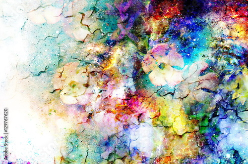 abstract multicolor flower motive collage in space. Crackle effect.