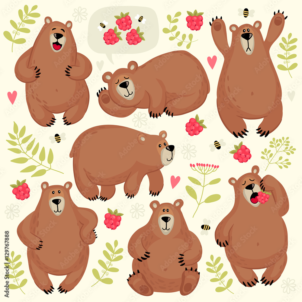 Naklejka premium Set of illustrations with bears. Different poses