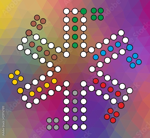 Vector board for a family game Ludo to six players on a red colored background 