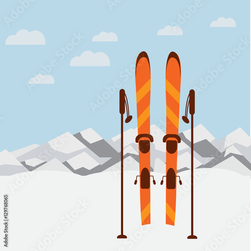 Winter landscape with mountain background, ski and sticks