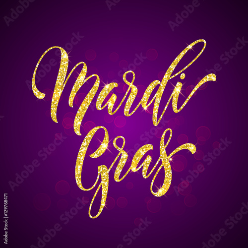 Gold glitter calligraphy Mardi Gras lettering for masquerade carnival