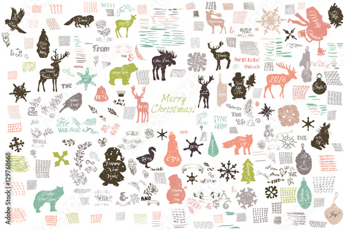 Vector set of grunge retro stickers, doodles, textures and stoke