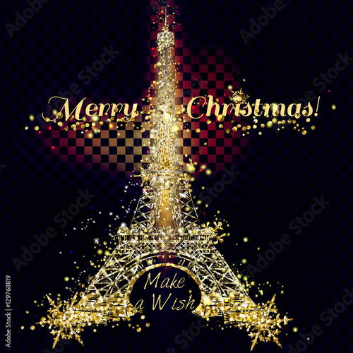 Vector golden and silver glitter particles card with Eifel tower