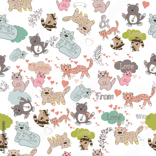 Fototapeta Naklejka Na Ścianę i Meble -  Vector wallpaper pattern with cute colorful cats in pastel tones
