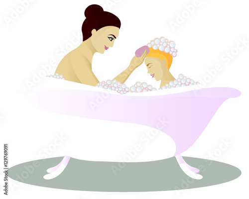 Mother washes with child isolated on white