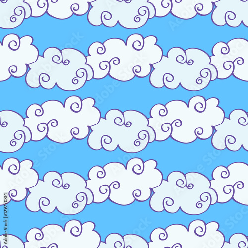 Vector hand drawn clouds over the blue sky seamless pattern