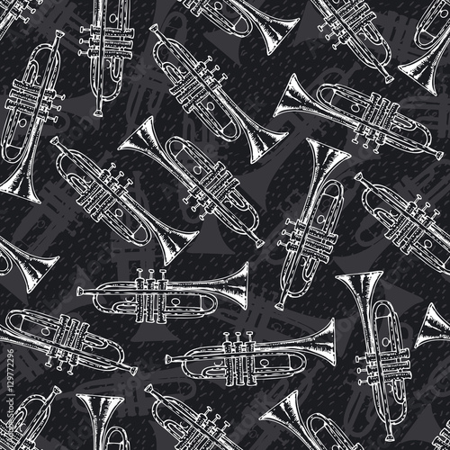 Black and White Seamless Pattern With Trumpets