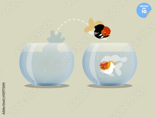 A goldfish with groom dress jumping out of the fishbowl to another one where bride goldfish be there, married concept
