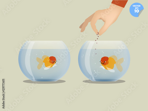 man feeding goldfish in bowl, unfair concept
