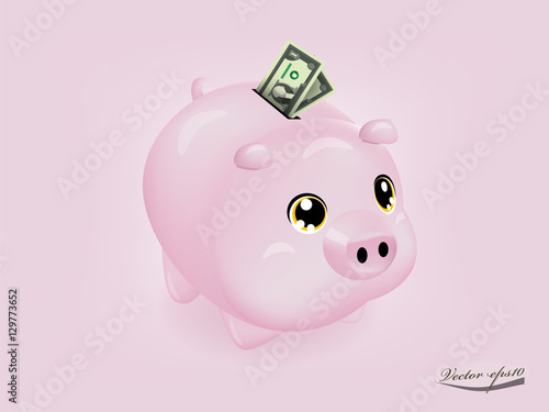 A pink piggy bank with US dollar money paper

