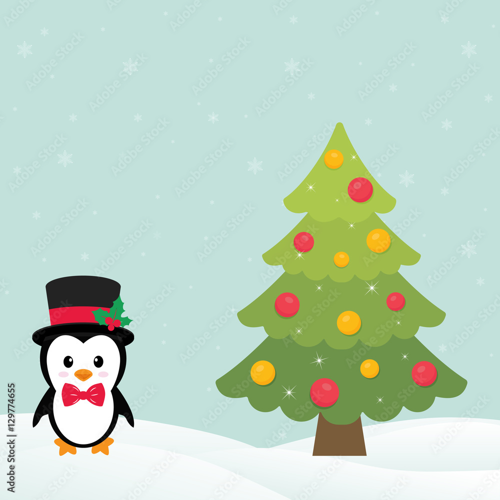 cute penguin with snow and fir tree cute penguin with snow and fir tree