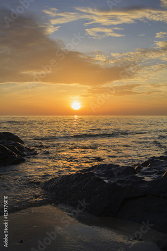 Landscape of sea beach and cloudy sky at dawn   Samila beach  Songkhla  southern of Thailand  