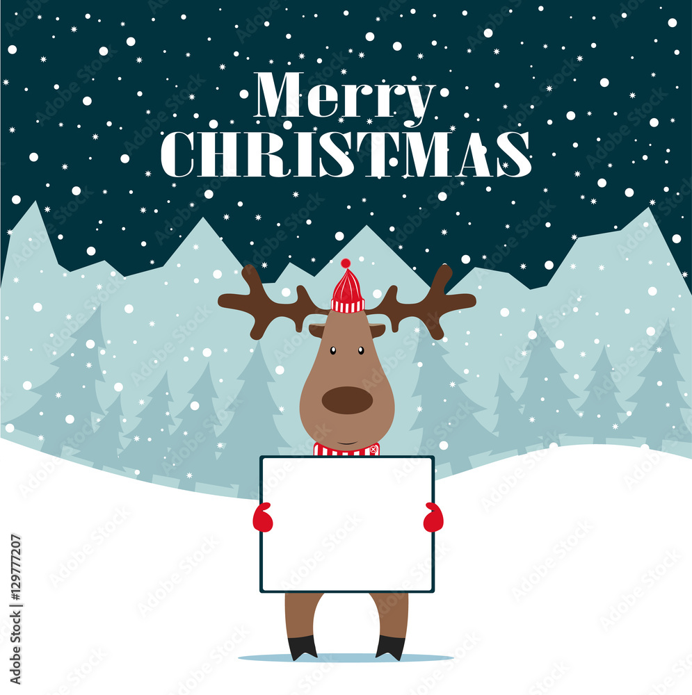 Fototapeta premium Christmas deer with banner isolated, happy winter xmas holiday animal greeting card.