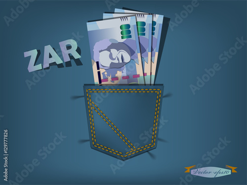 Illustration of south african rand in the pocket of blue jeans
