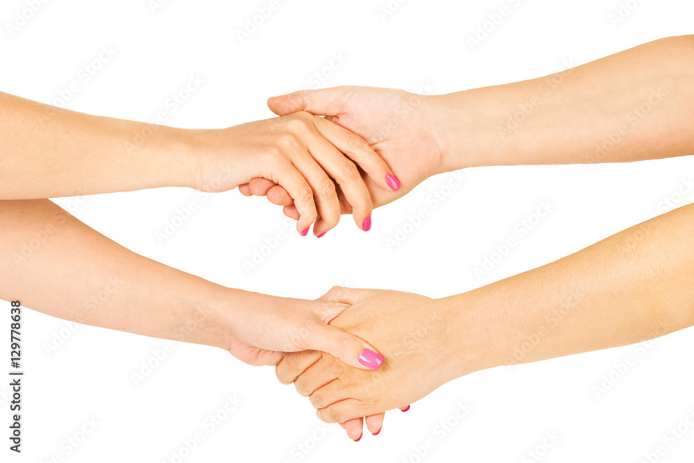 Brazos de mujeres cogidas de las manos y unidas sobre un fondo blanco aislado. Vista de frente