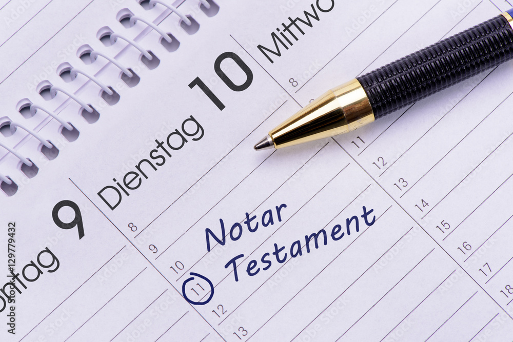 Erbschaft und Testament markiert im Terminkalender Erbschaft und Testament markiert im Terminkalender