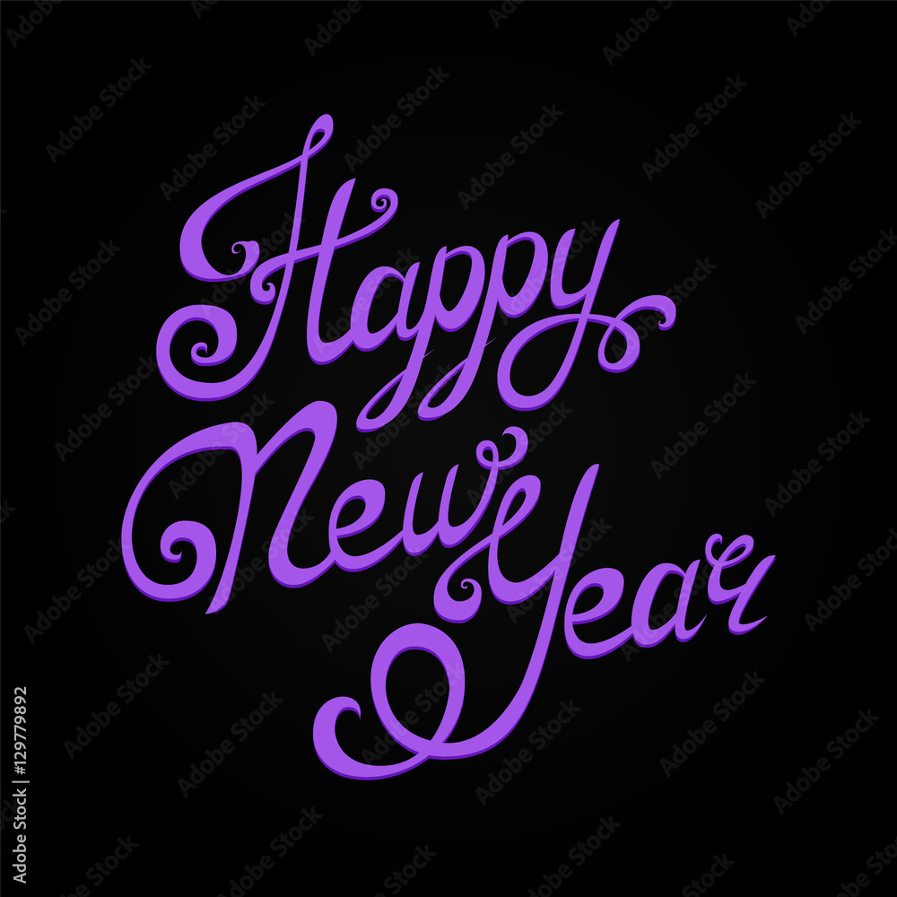 Happy New Year lettering, handmade calligraphy. Holiday vector Illustration. Violet letters on black background